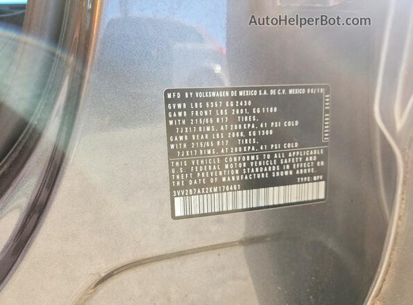 3VV2B7AX2KM176461 2019 VOLKSWAGEN TIGUAN Charcoal Widok naklejki z numerem VIN