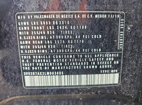 3VV2B7AX2LM063885 2020 VOLKSWAGEN TIGUAN Black VIN sticker view