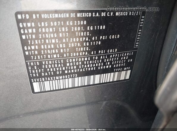 3VV2B7AX2MM092773 2021 VOLKSWAGEN TIGUAN Black Շարժիչի բաժամունքի տեսք
