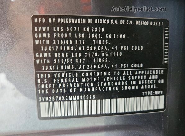 3VV2B7AX2MM095978 2021 VOLKSWAGEN TIGUAN Gray Вид наклейки з VIN-кодом