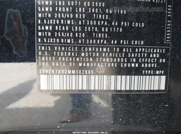 3VV2B7AX2MM102685 2021 VOLKSWAGEN TIGUAN Black Շարժիչի բաժամունքի տեսք