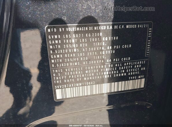 3VV2B7AX2MM110642 2021 VOLKSWAGEN TIGUAN Black Շարժիչի բաժամունքի տեսք
