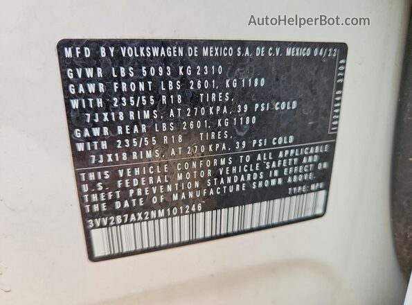 3VV2B7AX2NM101246 2022 VOLKSWAGEN TIGUAN Белый Вид наклейки с VIN-кодом