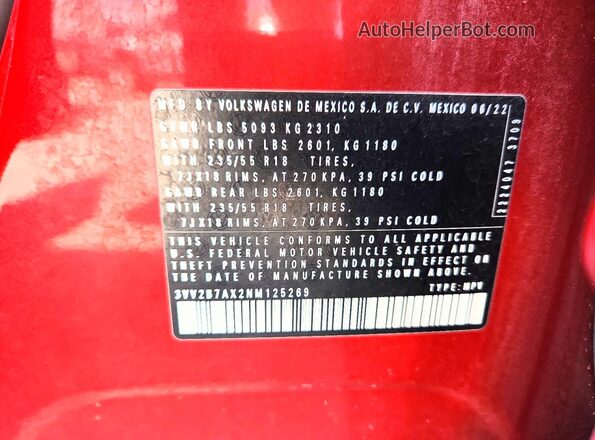 3VV2B7AX2NM125269 2022 VOLKSWAGEN TIGUAN Красный Вид подкапотного пространства