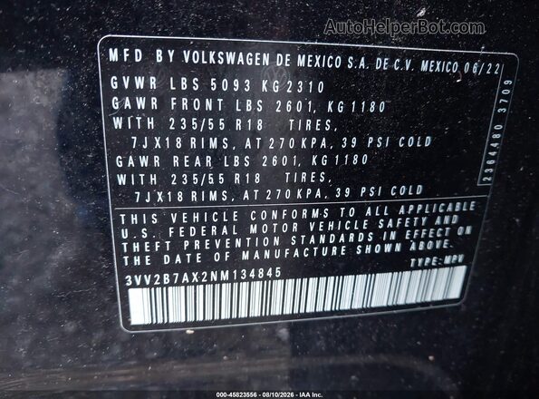 3VV2B7AX2NM134845 2022 VOLKSWAGEN TIGUAN Black Widok komory silnika