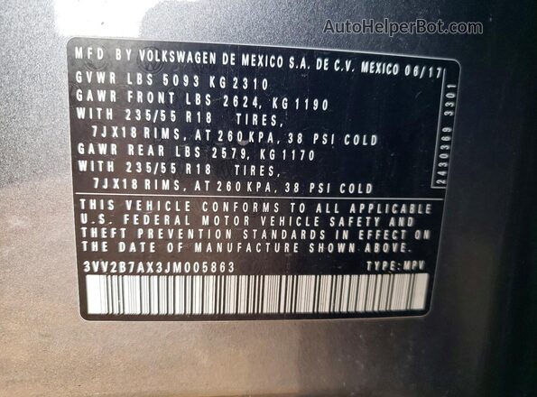 3VV2B7AX3JM005863 2018 VOLKSWAGEN TIGUAN Gray VIN კოდის სტიკერის ხედი