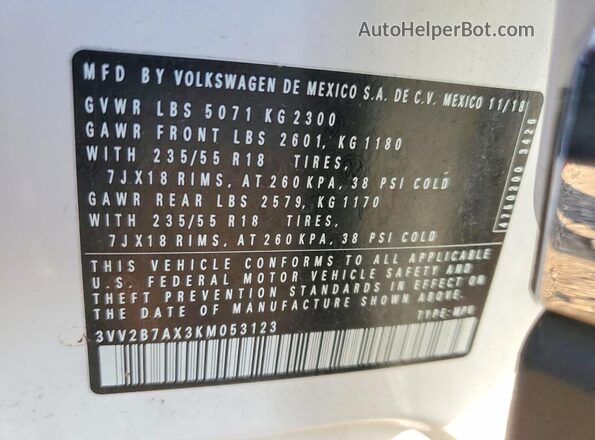 3VV2B7AX3KM053123 2019 VOLKSWAGEN TIGUAN White ძრავის განყოფილების ხედი