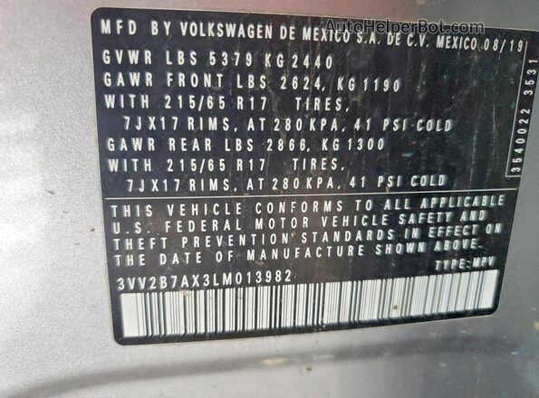 3VV2B7AX3LM013982 2020 VOLKSWAGEN TIGUAN Серый Панорамный вид салона 360°