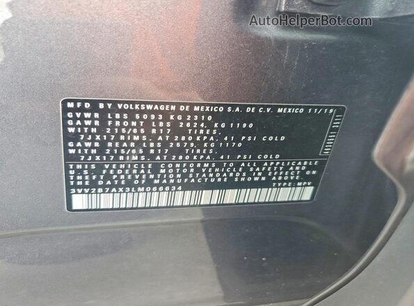 3VV2B7AX3LM066634 2020 VOLKSWAGEN TIGUAN Blue Vista de la etiqueta del VIN