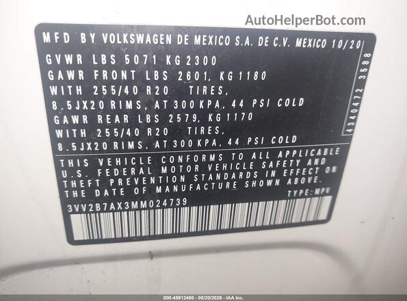 3VV2B7AX3MM024739 2021 VOLKSWAGEN TIGUAN White Շարժիչի բաժամունքի տեսք