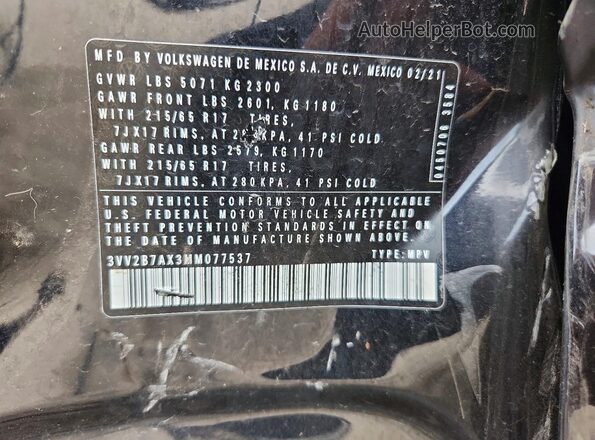 3VV2B7AX3MM077537 2021 VOLKSWAGEN TIGUAN Black Widok naklejki z numerem VIN