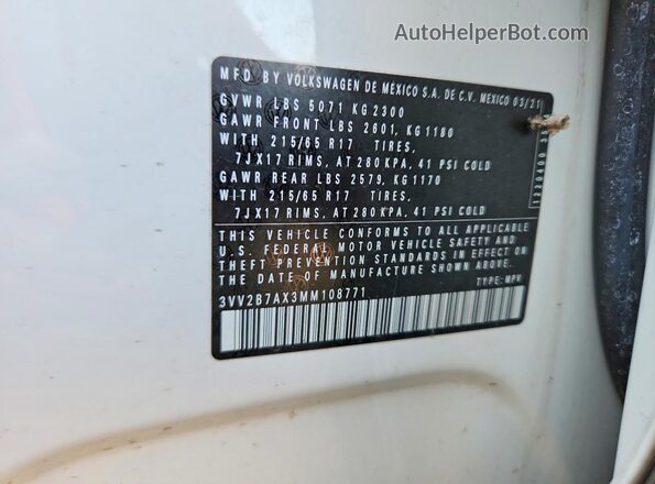 3VV2B7AX3MM108771 2021 VOLKSWAGEN TIGUAN Белый Вид подкапотного пространства