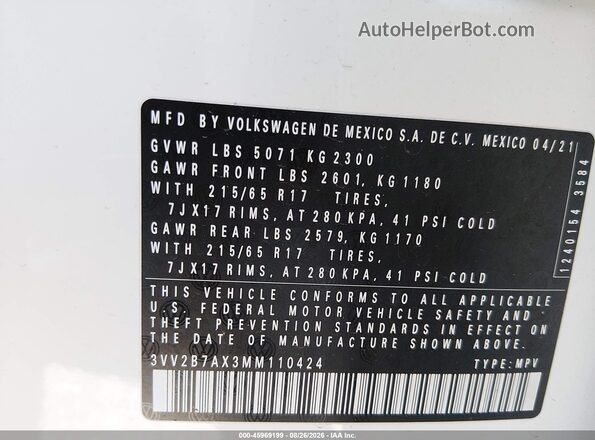 3VV2B7AX3MM110424 2021 VOLKSWAGEN TIGUAN White Engine compartment view