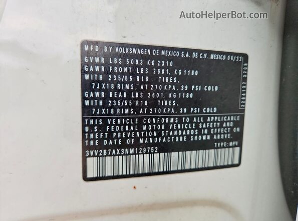 3VV2B7AX3NM129752 2022 VOLKSWAGEN TIGUAN White VIN კოდის სტიკერის ხედი