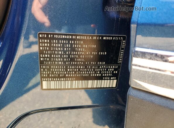 3VV2B7AX4JM015317 2018 VOLKSWAGEN TIGUAN Blue Widok wnętrza 360 stopni