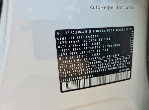 3VV2B7AX4JM087652 2018 VOLKSWAGEN TIGUAN White Widok naklejki z numerem VIN