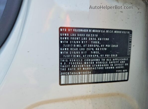 3VV2B7AX4JM140334 2018 VOLKSWAGEN TIGUAN Белый Вид наклейки с VIN-кодом