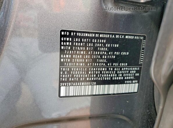 3VV2B7AX4KM005128 2019 VOLKSWAGEN TIGUAN Gray Widok naklejki z numerem VIN