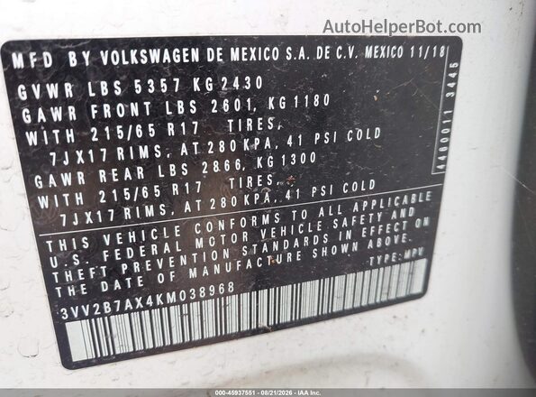 3VV2B7AX4KM038968 2019 VOLKSWAGEN TIGUAN Белый Вид подкапотного пространства
