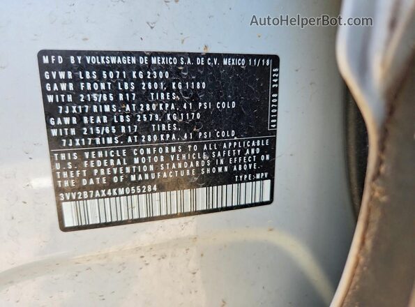 3VV2B7AX4KM055284 2019 VOLKSWAGEN TIGUAN Two Tone VIN კოდის სტიკერის ხედი