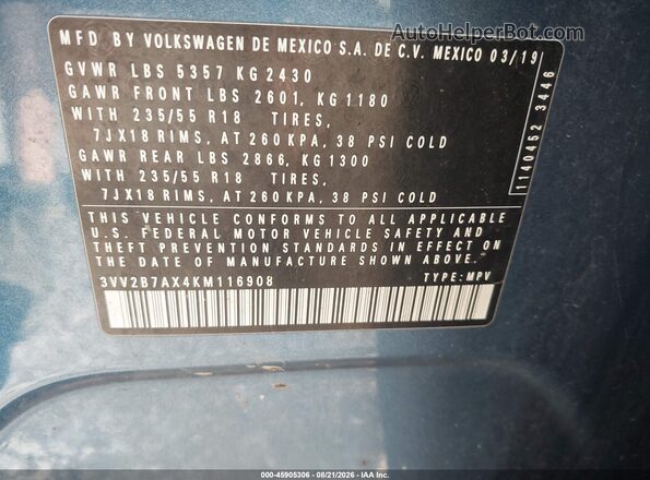 3VV2B7AX4KM116908 2019 VOLKSWAGEN TIGUAN Blue Engine compartment view