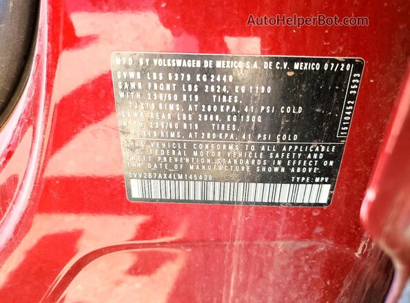 3VV2B7AX4LM145438 2020 VOLKSWAGEN TIGUAN Maroon Widok naklejki z numerem VIN