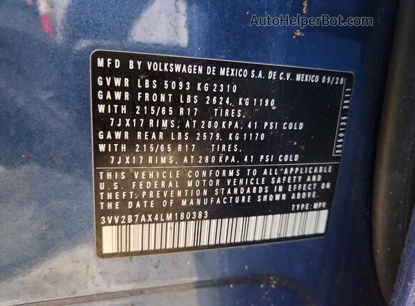 3VV2B7AX4LM180383 2020 VOLKSWAGEN TIGUAN Blue Vista de la etiqueta del VIN