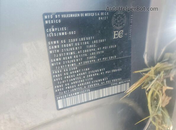 3VV2B7AX4MM122775 2021 VOLKSWAGEN TIGUAN Silver VIN կոդի պիտակի տեսք