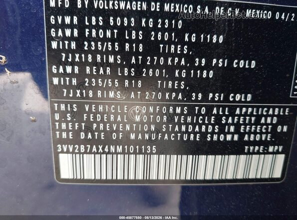 3VV2B7AX4NM101135 2022 VOLKSWAGEN TIGUAN Blue Vista del compartimento del motor