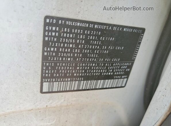3VV2B7AX4NM131025 2022 VOLKSWAGEN TIGUAN White Вид наклейки з VIN-кодом