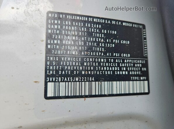 3VV2B7AX5JM222184 2018 VOLKSWAGEN TIGUAN White Вид наклейки з VIN-кодом