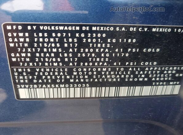 3VV2B7AX5KM033035 2019 VOLKSWAGEN TIGUAN Blue Widok naklejki z numerem VIN