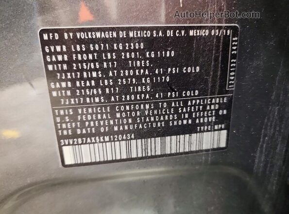 3VV2B7AX5KM120434 2019 VOLKSWAGEN TIGUAN Gray VIN sticker view
