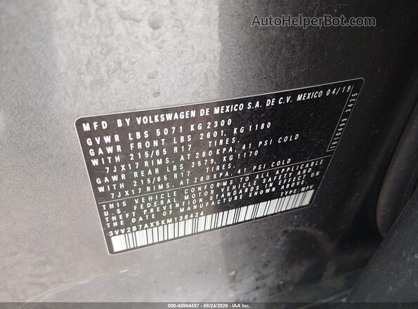 3VV2B7AX5KM136424 2019 VOLKSWAGEN TIGUAN Gray ძრავის განყოფილების ხედი