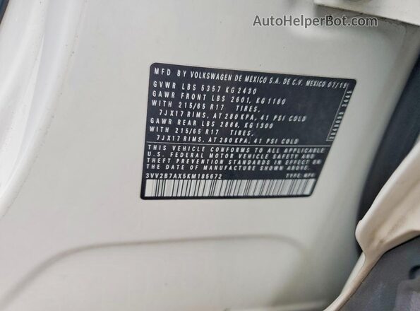 3VV2B7AX5KM185672 2019 VOLKSWAGEN TIGUAN White VIN կոդի պիտակի տեսք