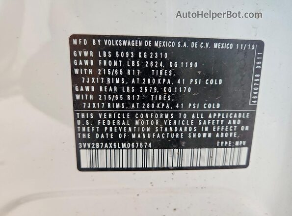 3VV2B7AX5LM067574 2020 VOLKSWAGEN TIGUAN White Vista de la etiqueta del VIN