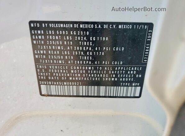 3VV2B7AX5LM069521 2020 VOLKSWAGEN TIGUAN Белый Вид наклейки с VIN-кодом