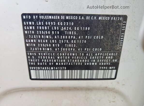 3VV2B7AX5LM141379 2020 VOLKSWAGEN TIGUAN White Вид підкапотного простору