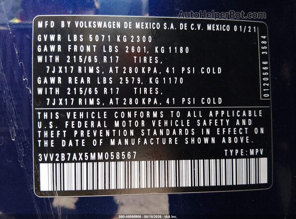 3VV2B7AX5MM058567 2021 VOLKSWAGEN TIGUAN Blue Widok komory silnika
