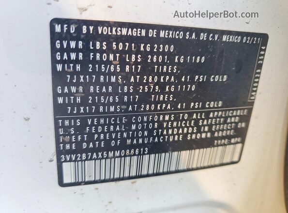 3VV2B7AX5MM086613 2021 VOLKSWAGEN TIGUAN White VIN sticker view