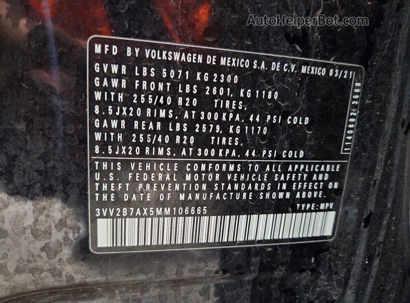 3VV2B7AX5MM106665 2021 VOLKSWAGEN TIGUAN Black VIN კოდის სტიკერის ხედი