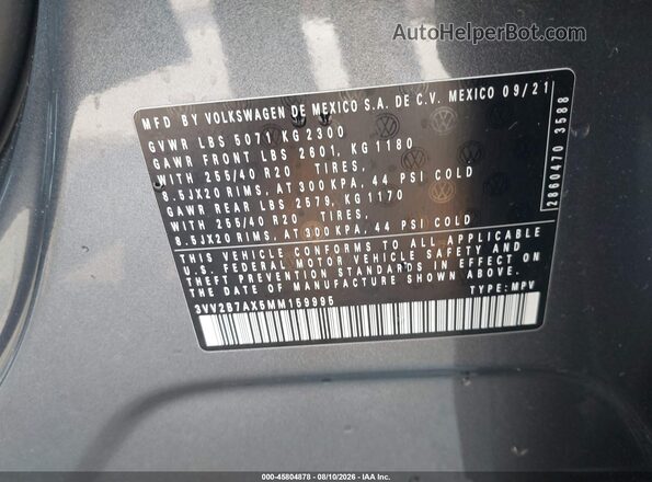 3VV2B7AX5MM159995 2021 VOLKSWAGEN TIGUAN Gray Вид підкапотного простору