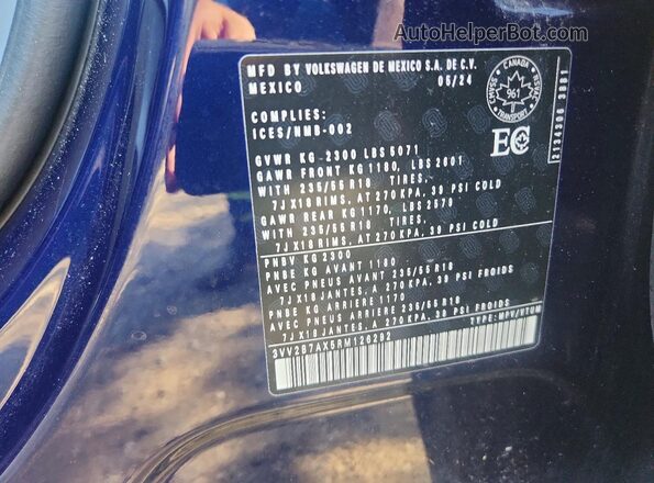 3VV2B7AX5RM126292 2024 VOLKSWAGEN TIGUAN Blue Widok naklejki z numerem VIN