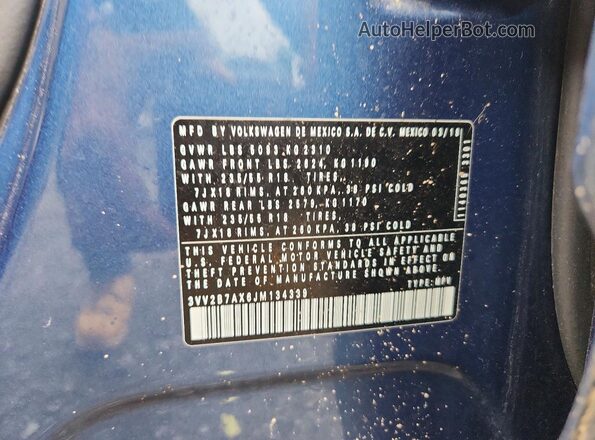 3VV2B7AX6JM134339 2018 VOLKSWAGEN TIGUAN Blue VIN კოდის სტიკერის ხედი