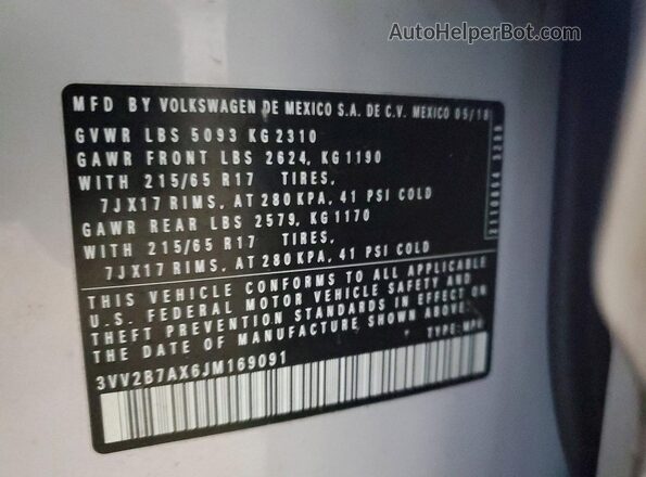 3VV2B7AX6JM169091 2018 VOLKSWAGEN TIGUAN White Շարժիչի բաժամունքի տեսք