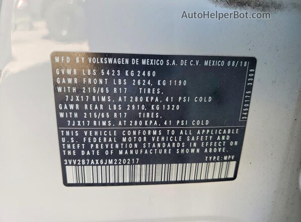 3VV2B7AX6JM220217 2018 VOLKSWAGEN TIGUAN White Շարժիչի բաժամունքի տեսք