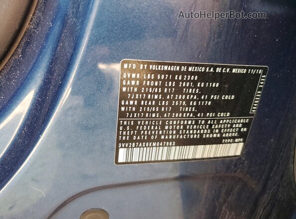 3VV2B7AX6KM047963 2019 VOLKSWAGEN TIGUAN Blue Widok naklejki z numerem VIN