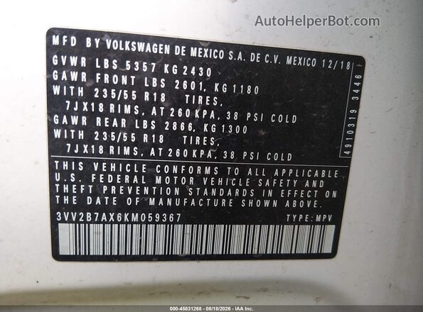 3VV2B7AX6KM059367 2019 VOLKSWAGEN TIGUAN White Engine compartment view