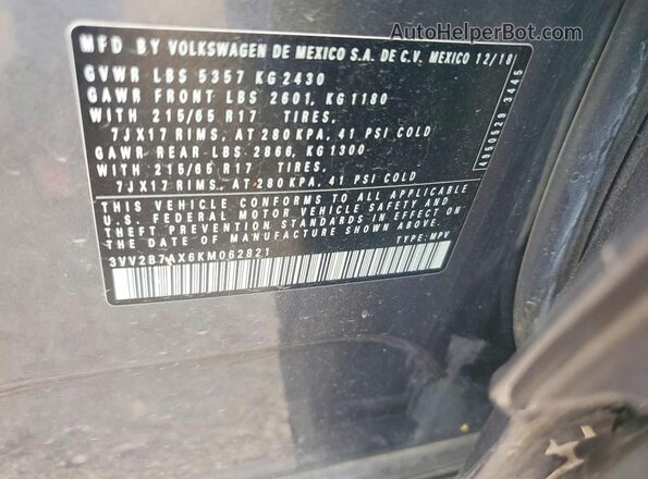 3VV2B7AX6KM062821 2019 VOLKSWAGEN TIGUAN Серый Вид наклейки с VIN-кодом