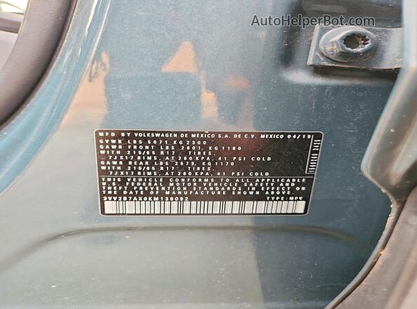 3VV2B7AX6KM136092 2019 VOLKSWAGEN TIGUAN Бирюзовый Вид подкапотного пространства